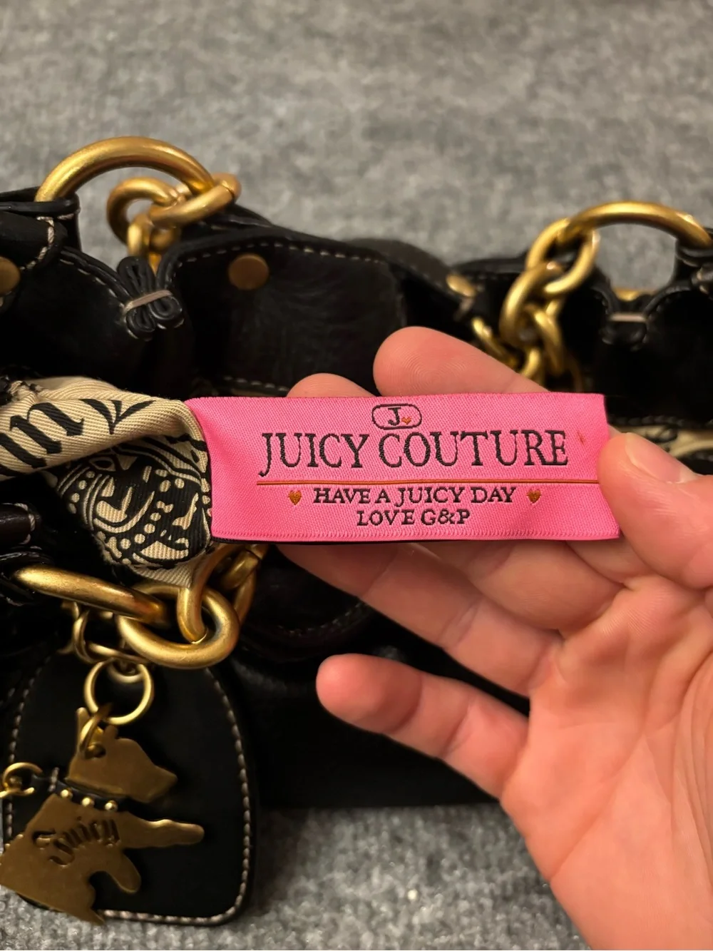 RARE Juicy Couture Y2K Scottie Tag Charm Leather Shoulder Bag Black